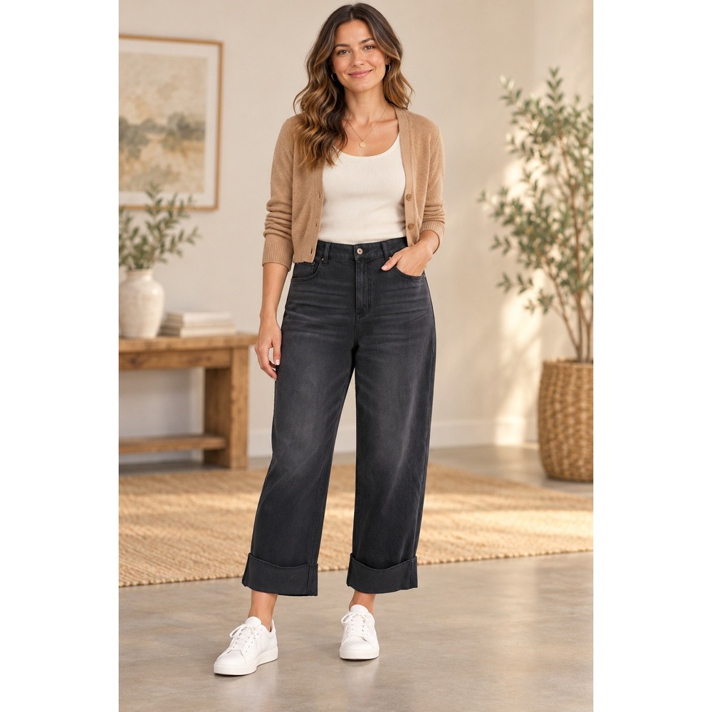Halara XL Petite Faded Black High Waisted Cuffed Denim Capri Jeans NEW